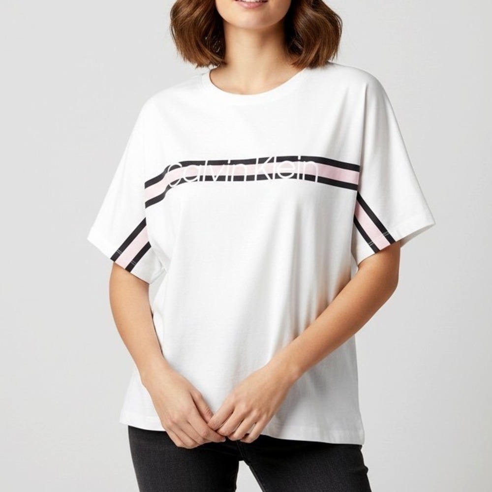 CALVIN KLEIN White w/BLACK-PINK STRIPE Spell-Out Logo BOXY FIT TOP T-SHIRT sz M